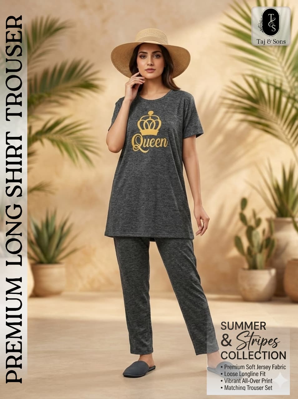 Premium Charcoal Melange "Queen" Long Shirt & Trouser Set