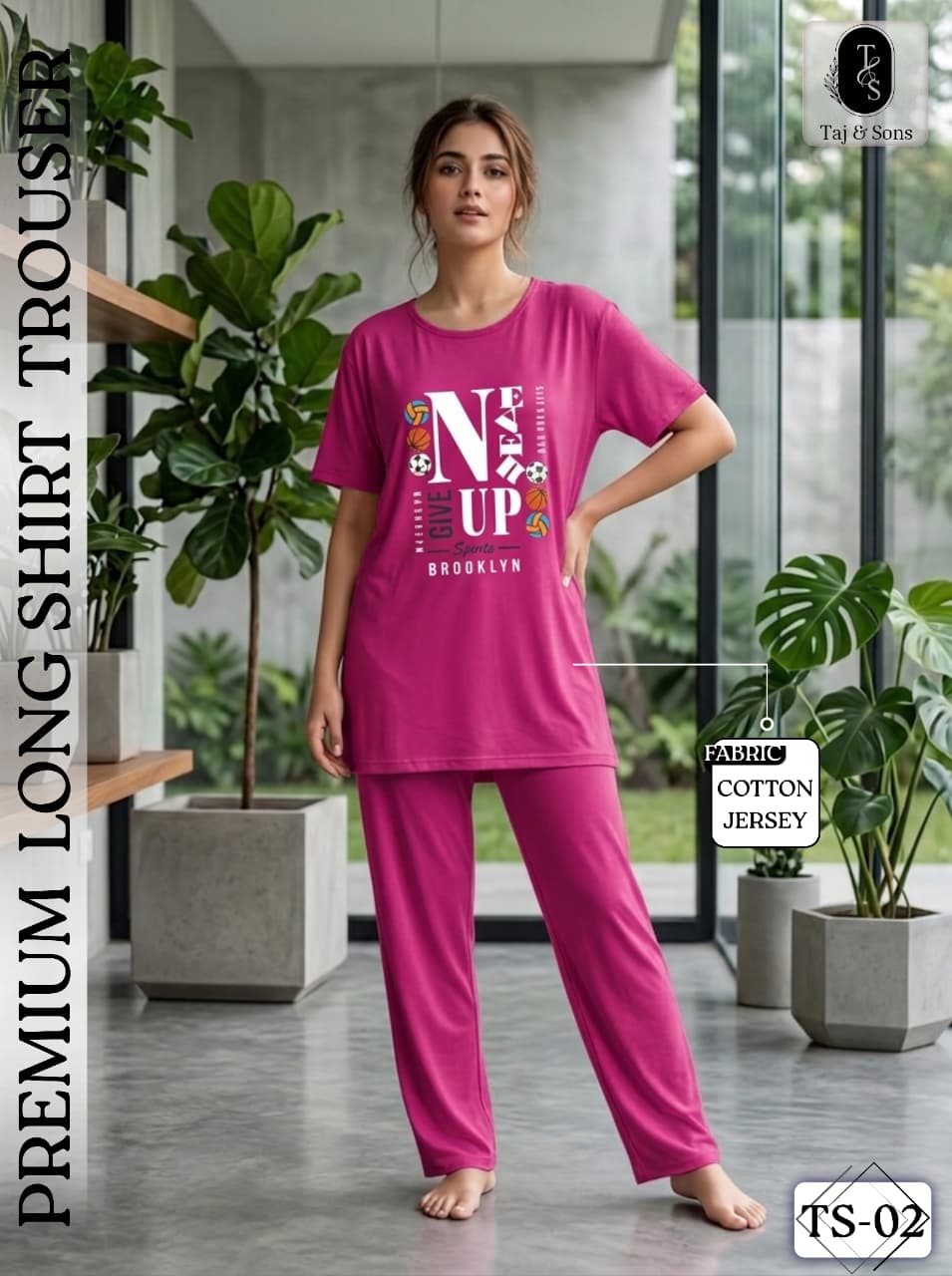 Premium Magenta "Never Give Up" Long Shirt & Trouser Set