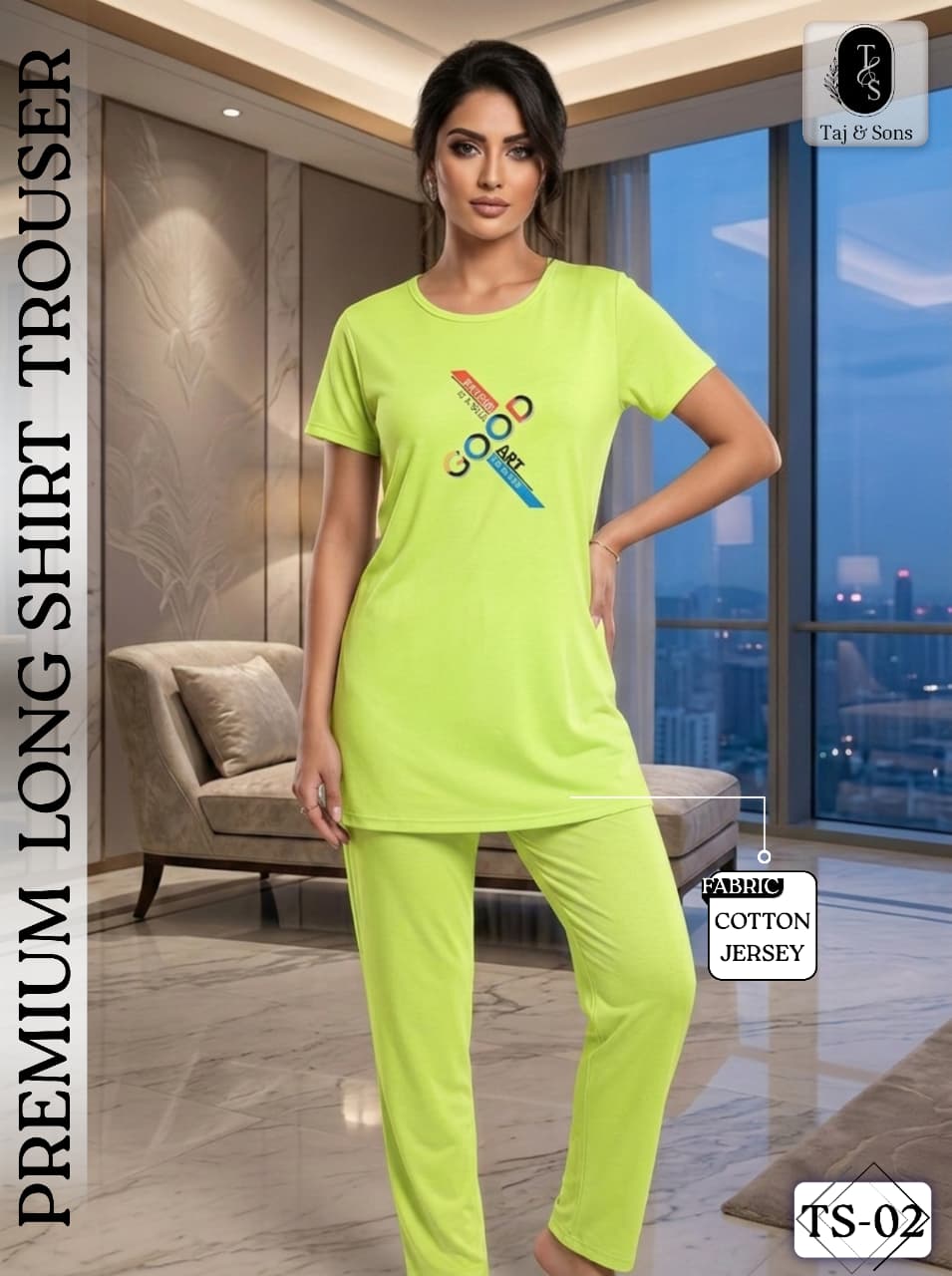 Premium Lime Green "Good Art" Long Shirt & Trouser Set
