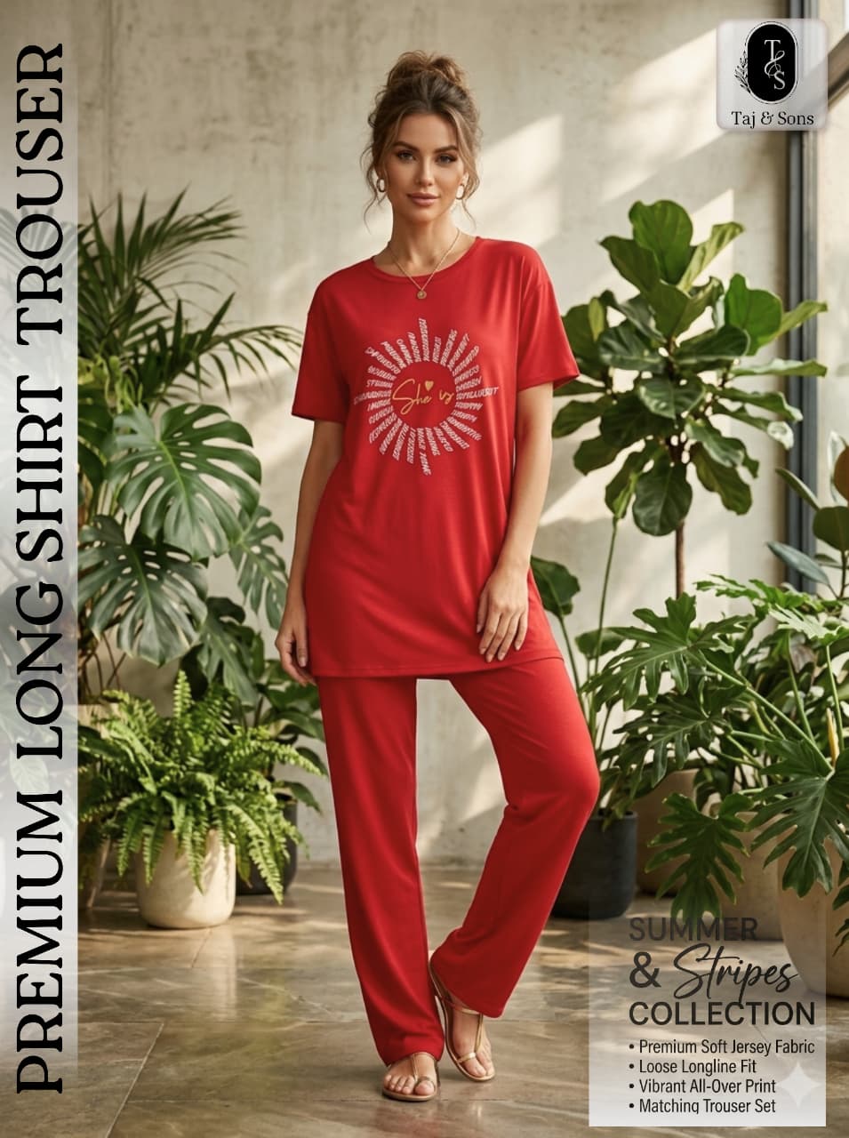 Premium Crimson Red "She Is" Long Shirt & Trouser Set