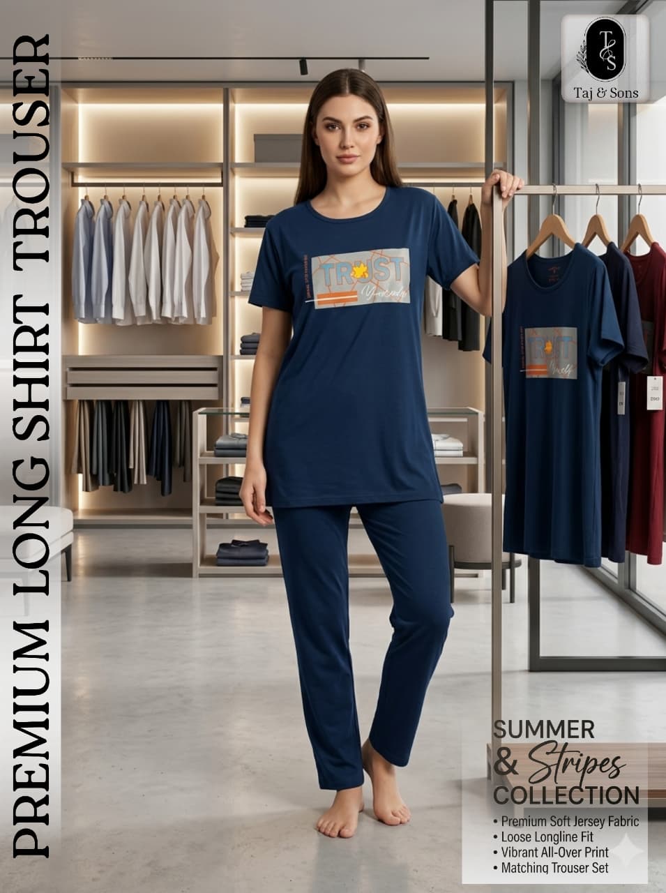 Premium Navy Blue "Trust Yourself" Long Shirt & Trouser Set
