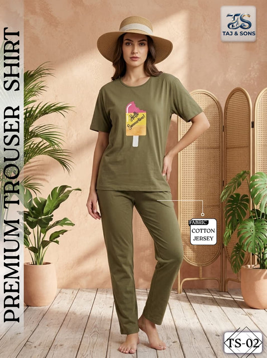 Premium Olive Green Popsicle Cotton Jersey Trouser & Shirt Set