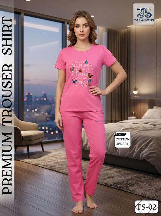 Premium Vibrant Pink Butterfly Cotton Jersey Trouser & Shirt Set