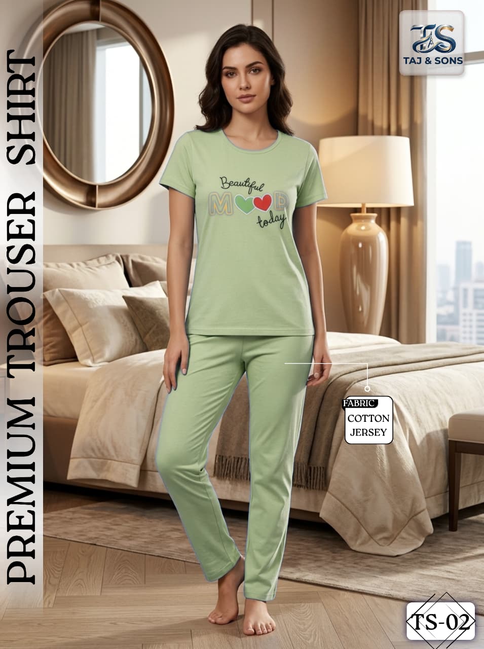 Premium Pistachio Green Graphic Cotton Jersey Trouser & Shirt Set