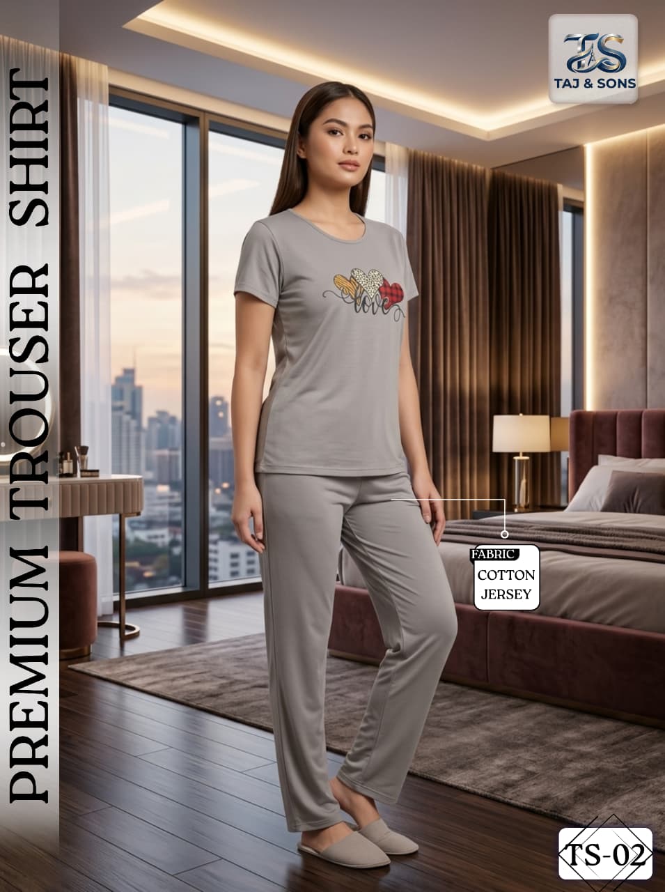 Premium Soft Grey Heart-Print Cotton Jersey Trouser & Shirt Set