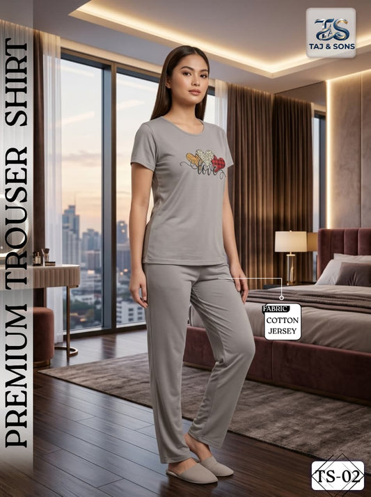 Premium Soft Grey Heart-Print Cotton Jersey Trouser & Shirt Set