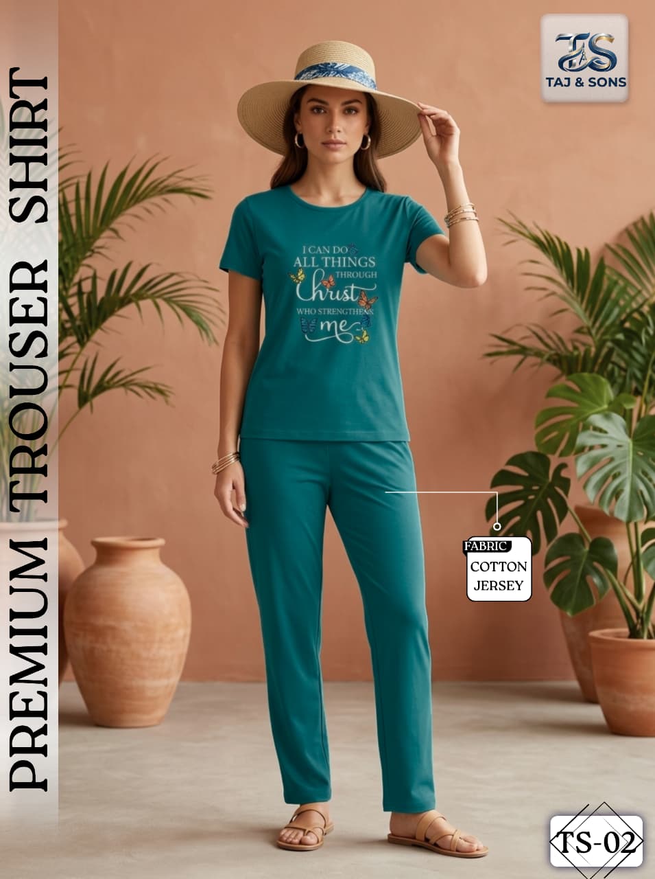 Premium Teal Cotton Jersey Trouser & Shirt Nightsuit Set