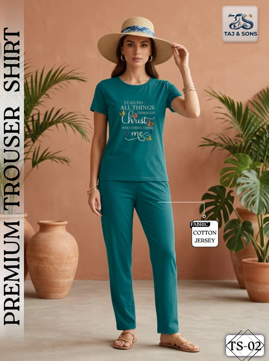 Premium Teal Cotton Jersey Trouser & Shirt Nightsuit Set
