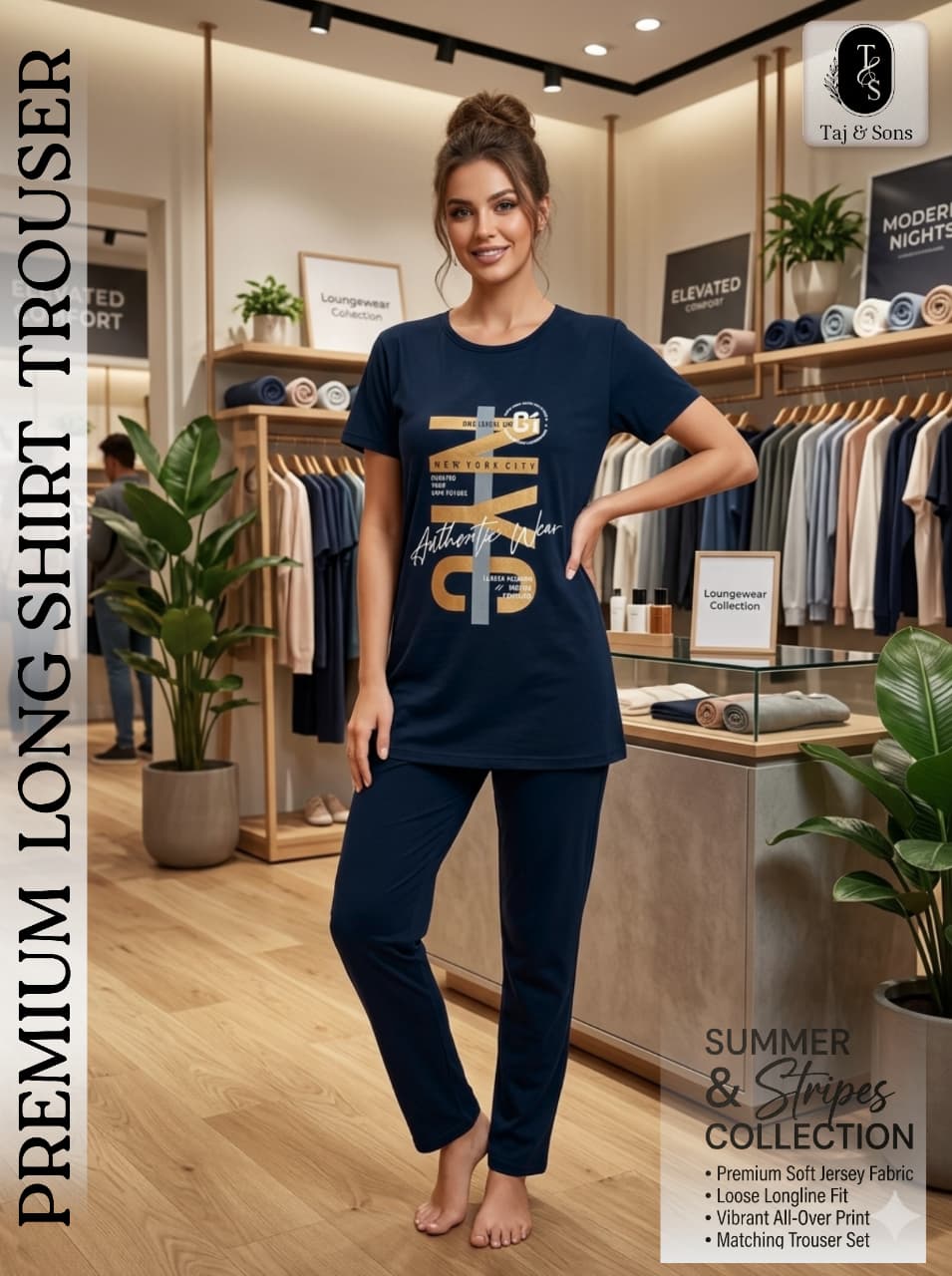 Premium Navy Blue "NYC" Long Shirt & Trouser Set