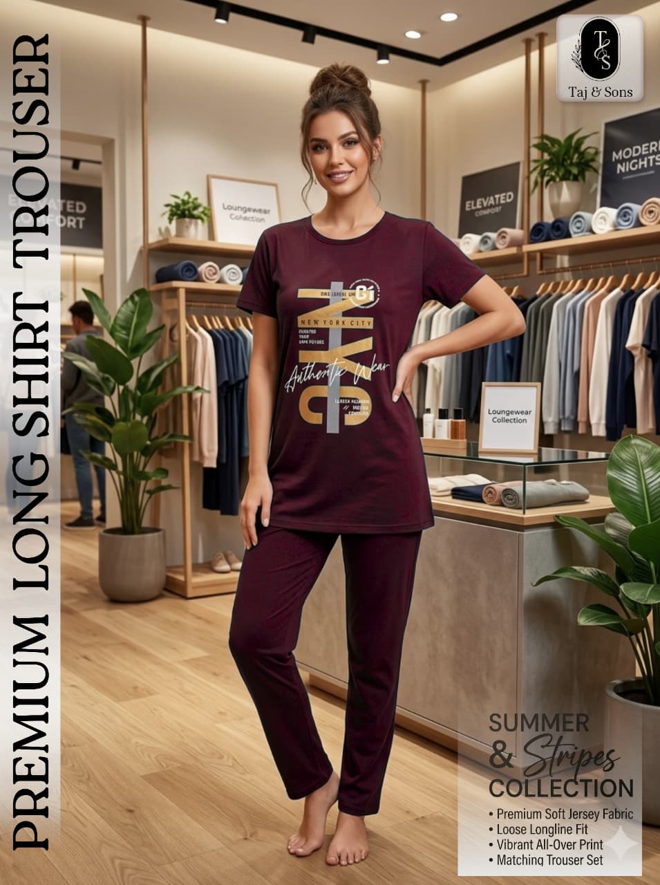 Premium Maroon "NYC" Long Shirt & Trouser Set