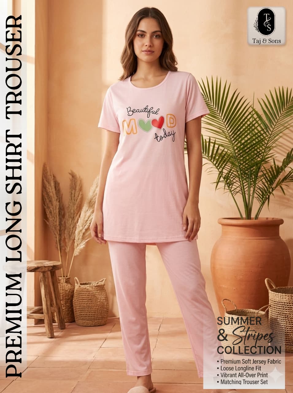 Premium Baby Pink "Beautiful Mood" Long Shirt & Trouser Set